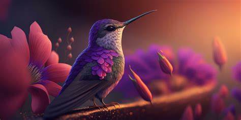 Flying Hummingbird Closeup In Purple Color Scheme Illustration