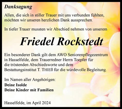 Traueranzeigen Von Friedel Rockstedt Abschied Nehmen De