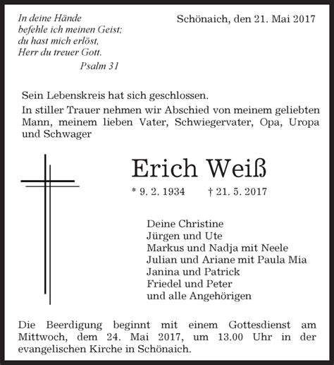 Traueranzeigen von Erich Weiß Kreiszeitung Böblinger Bote