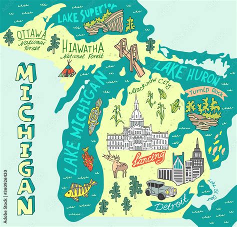 Illustrated map of Michigan, USA. Travel and attractions. Souvenir ...