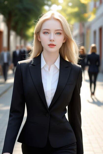 Premium Photo A Pretty European Girl In Black Suit Is Standing On The