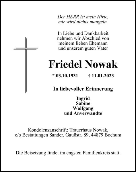 Traueranzeigen Von Friedel Nowak Trauer In Nrw De