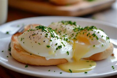 Premium Photo Poached White Eggs On English Muffins Garnished With Chives And Pepper Served On