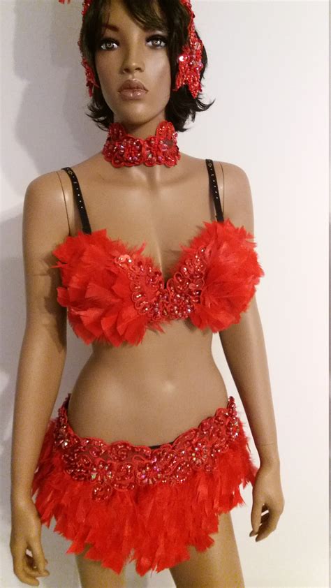 Red Bikini Inch Feather Sz S M Skirt Samba Costumes Etsy