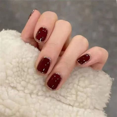 Short Length Dark Red Press On Fake Nails Luxury Marble Silver Foil