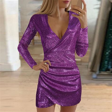 Womens Dresses Women Sexy Sequins V Neck Long Sleeve Self Cultivation Slim Elegant Ladies Party