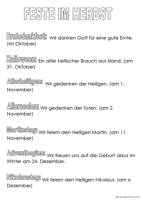 Feste im Herbst allgemeine Deutsch DAF Arbeitsblätter pdf doc