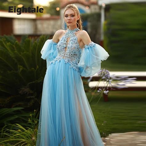 Eightale Sky Blue Prom Dress 2021 High Neck Appliques Beaded Puff