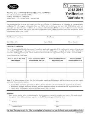 Fillable Online Racc V3 DEPENDENT 2015 2016 Verification Worksheet