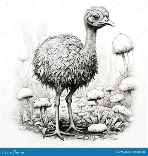 Realistic Ostrich Doodle in Mushroom Garden: Hyper-detailed Maori Art