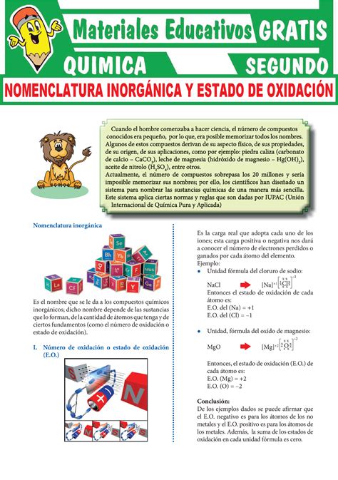 Nomenclatura Inorgánica y Estado de Oxidación Para Segundo Grado de