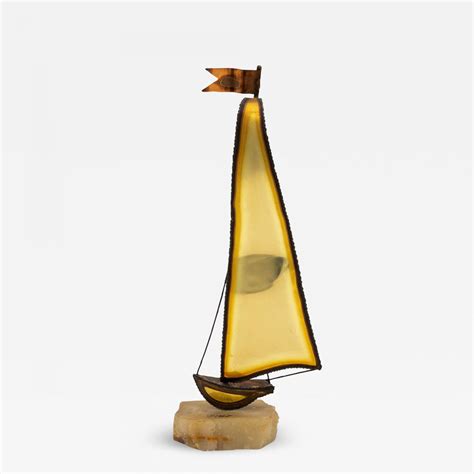 Vintage Brutalist Style Brass Sailboat On Onyx Base Signed By Demott