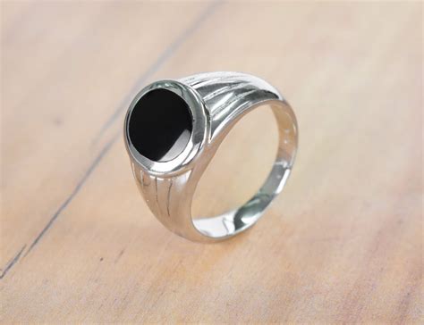 Silver Signet Ring Black Onyx Silver Flat Inlay Ring Wide Etsy