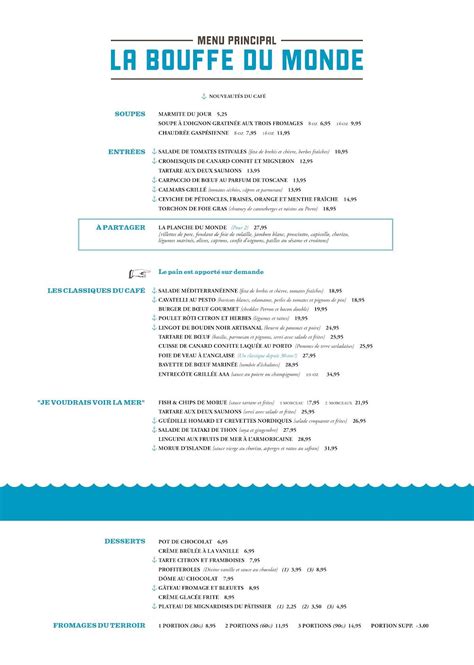 Menu au Le Café du Monde, Québec