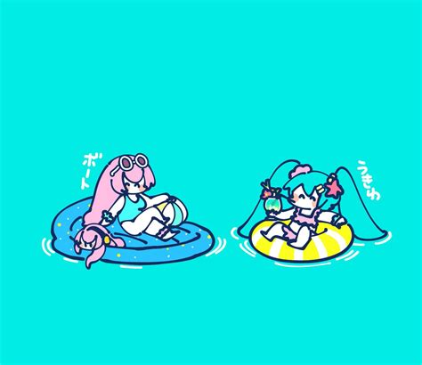 初音ミク 巡音ルカ たこルカ 「ボ トルカさんと浮き輪ミクさん🌺🌴🏖 」袁のイラスト