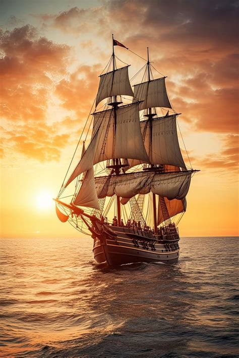 Golden Horizon Sailing Ship In The Open Sea At Sunset Stock Image