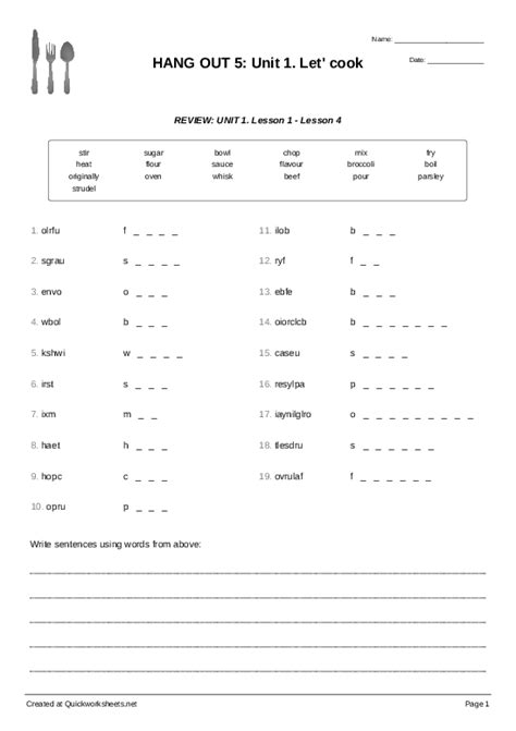 Hang Out 5 Unit 1 Let Cook Word Scramble Quickworksheets