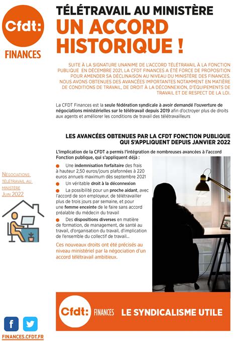 CFDT Finances Télétravail au ministère des Finances un accord