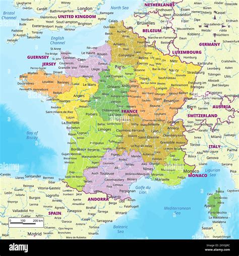 France Political Map With Capital Cities Towns National Borders Rivers And Lakes Labeling