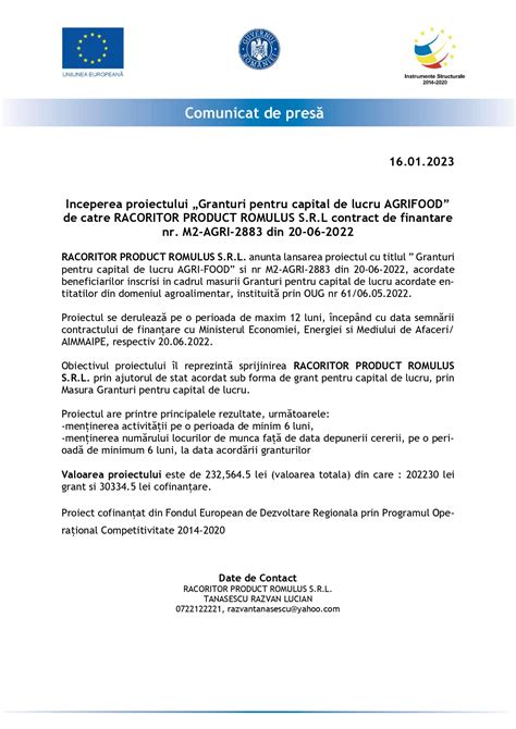 Anunt Inceperea Proiectului Granturi Pentru Capital De Lucru Agri Food