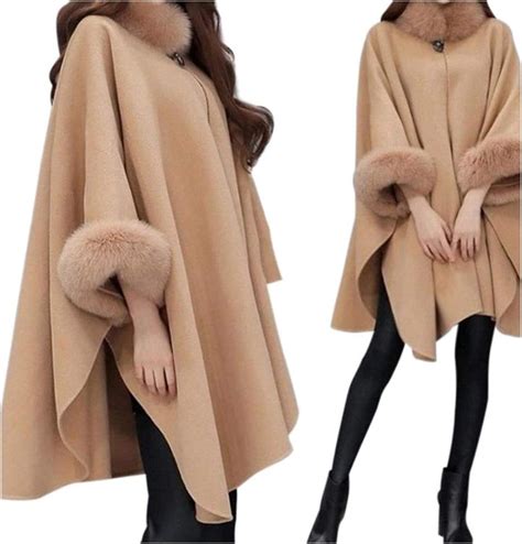 Elegant Winter Plus Size Pure Color Loose Cape Faux Fur Collar Overcoat