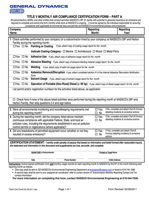 Fillable Online TITLE V MONTHLY AIR COMPLIANCE CERTIFICATION FORM PART