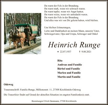 Traueranzeigen Von Heinrich Runge Trauer Kreiszeitung De