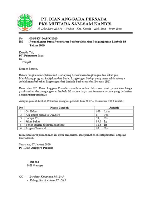 Surat Penawaran Pembersihan Dan Pengangkutan Limbah B3 Pdf