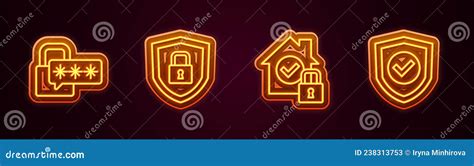 Set Line Cyber Security Shield With Lock House Under Protection And