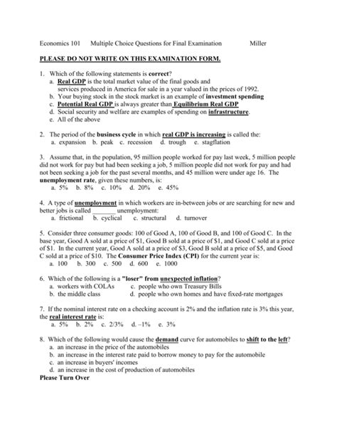 Economics 101 Multiple Choice Questions For Final Examination Miller