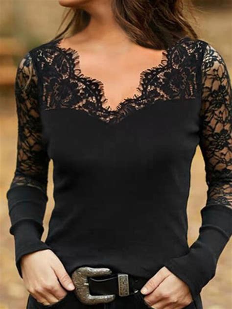 V Neck Long Sleeve Lace Patchwork Blouses Tourtiwi