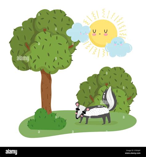 cute skunk animal grass tree bushes nature wild cartoon vector ...