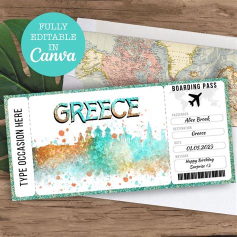 Greece Boarding Pass Surprise Editable Flight Ticket T Greece Flight Ticket Printable