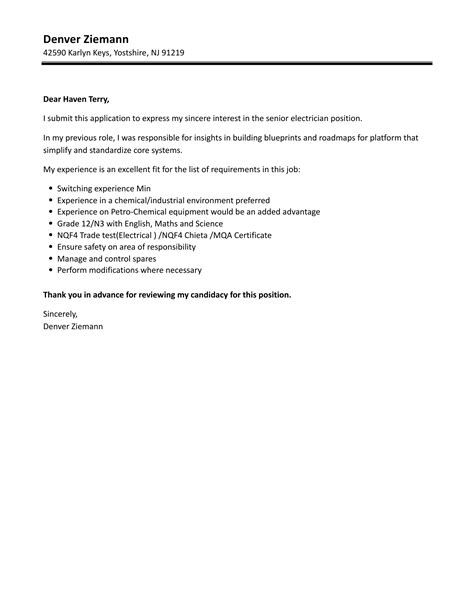 Senior Electrician Cover Letter Velvet Jobs