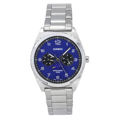 Casio Standard Analog Stainless Steel Moon Phase Blue Dial Quartz MTP