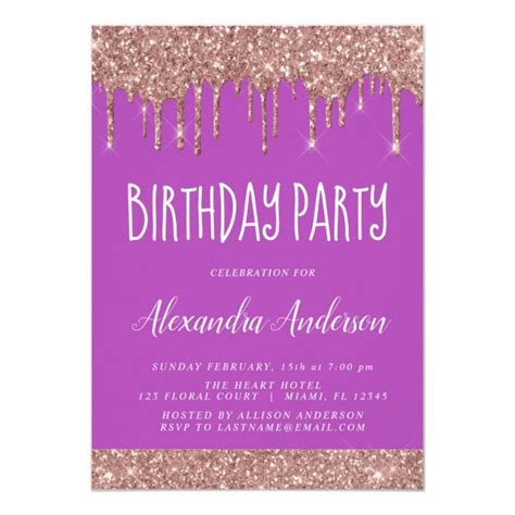 Rose Gold Purple Sparkle Glitter Any Age Birthday Invitation Zazzle