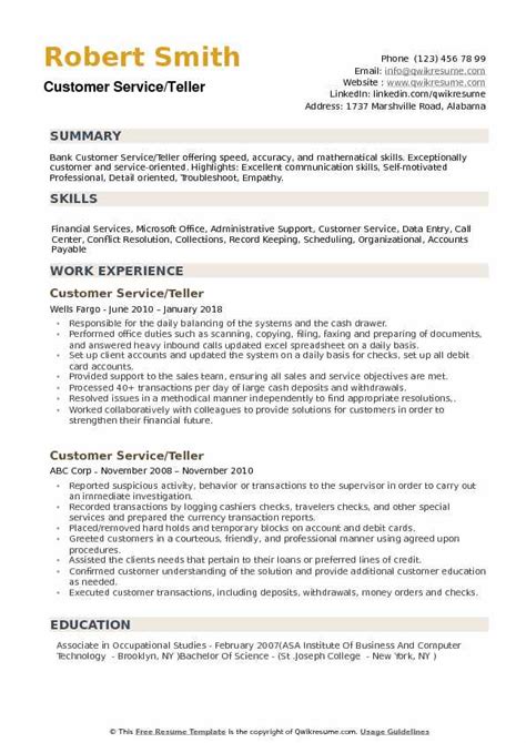 Customer Service Teller Resume Samples Qwikresume