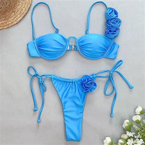 Sexy Flower Shiny Pink Push Up Bikini Women Swimwear Underwired Swimsuit High Cut Bathing