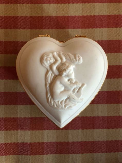 French Country Bisque Porcelain Cherub Angel Heart Shape Trinket Box Jl