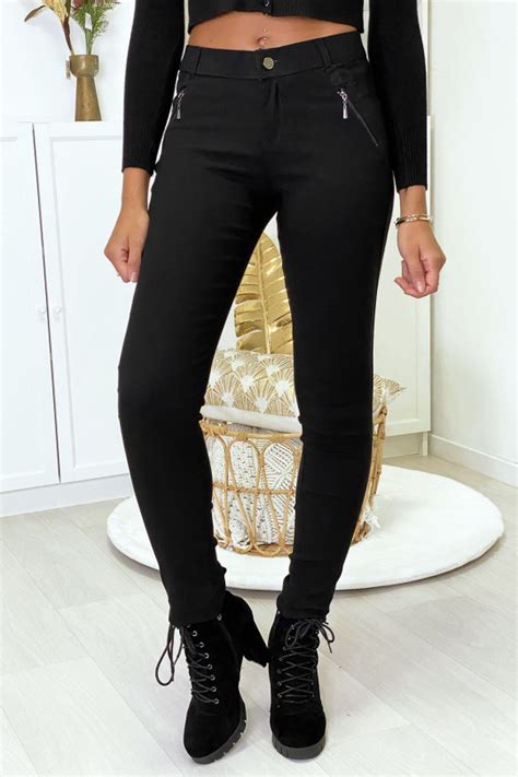 Pantalon Slim Noir En Strech Avec Zip Et Su Dine