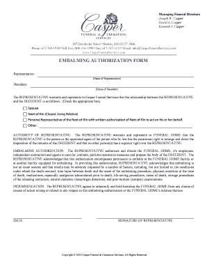 Fillable Online Embalming Authorization Form Casper Funeral Services