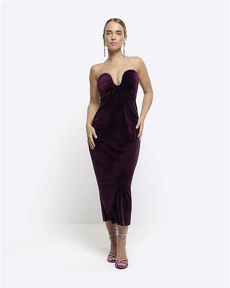 Purple Velvet Diamante Bandeau Midi Dress River Island