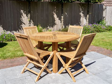 Ronde Teak Tuintafel Toscane 115 Met 4 Inklapbare Tuinstoelen