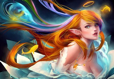 Wallpaper Illustration Long Hair Anime Artwork Fish Cleavage