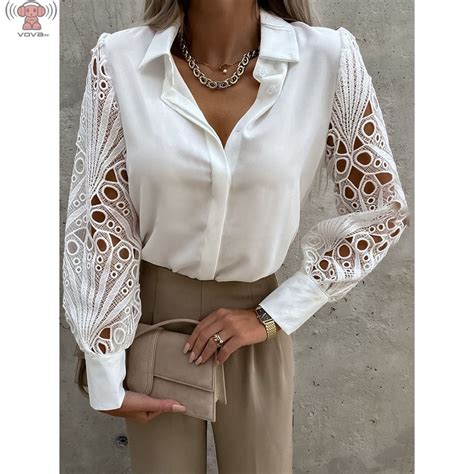 Camisa Feminina Chique Vintage Renda Oca Branca Manga Longa