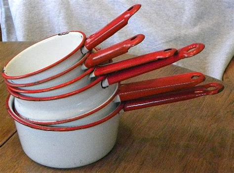 6 Vintage Red And White Enamelware Graniteware Sauce Pans Etsy