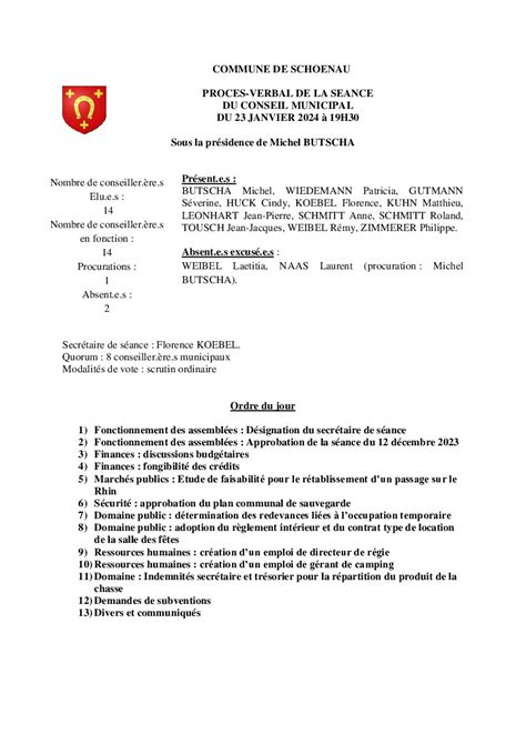 News Pv Du Premier Conseil Municipal De Mairie De Sch Nau