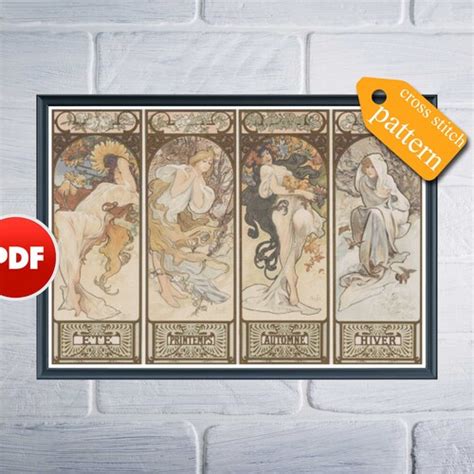 Pdf Four Seasons By Alphonse Mucha Cross Stitch Pattern Full Etsy