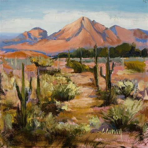 An Oil Painting Of Desert Scene With Mountains In The Distance And