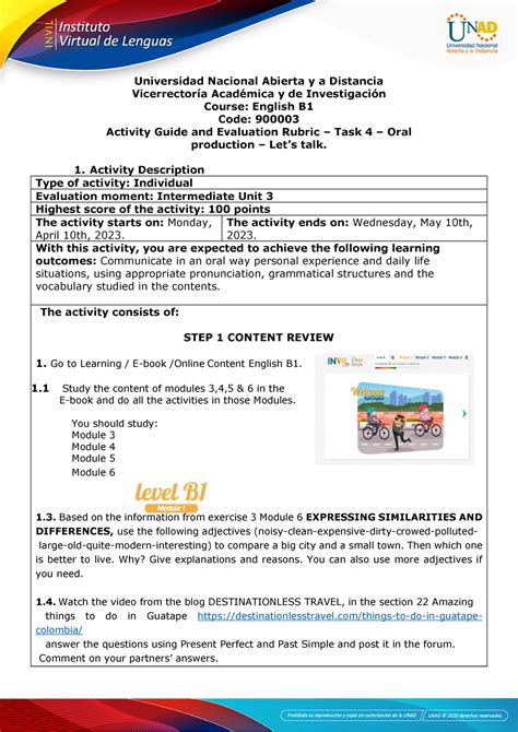 Activities Guide And Evaluation Rubric Unit Task Oral